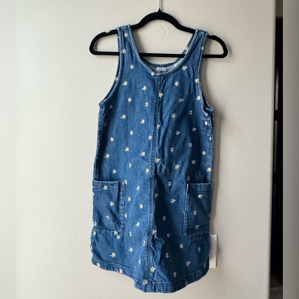 Hanna Andersson Daisy Embroidered Denim Jumper Dress Girls 12 Scandi Clean Girl